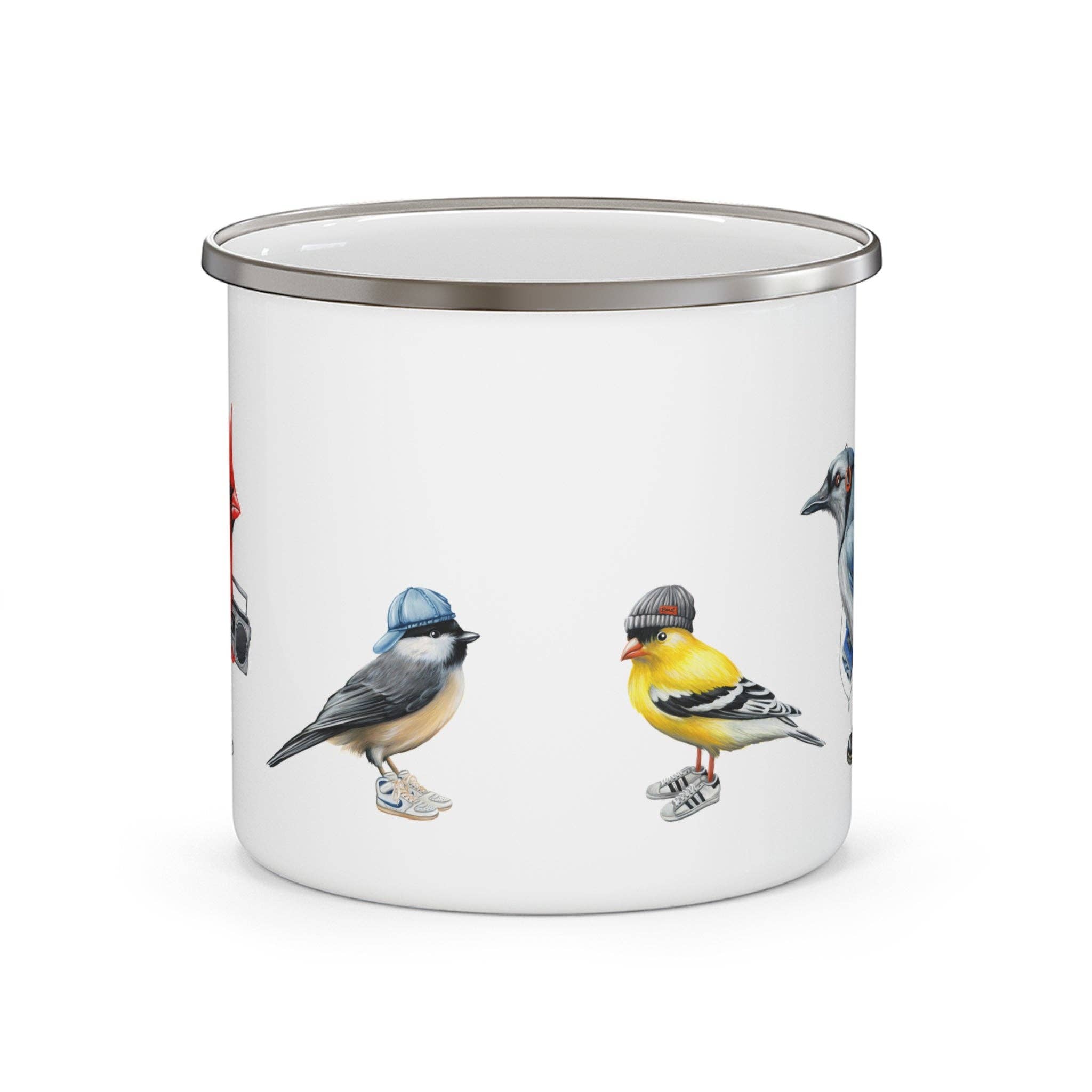 Fashionable birds enamel mug with stainless rim