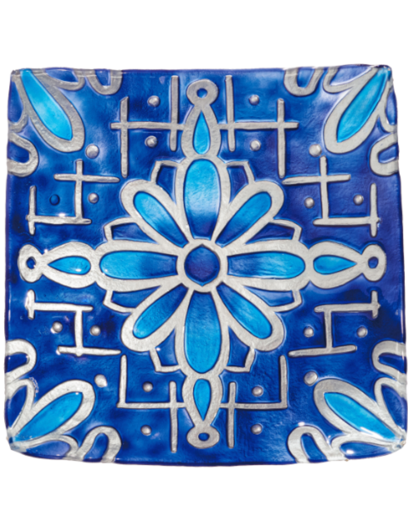 16.5" Hand Painted and Embossed Square Glass Birdbath, Blue Floral Tiles