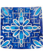 16.5" Hand Painted and Embossed Square Glass Birdbath, Blue Floral Tiles