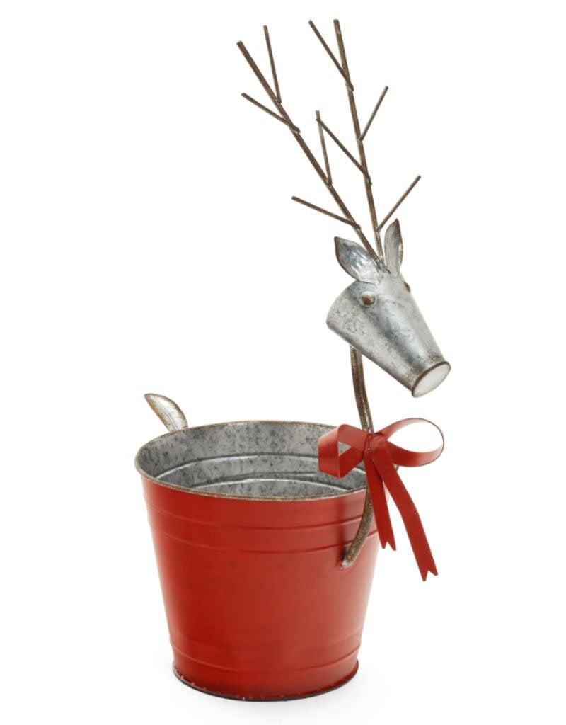 Red Galvanized Metal Deer Bucket, 17"H