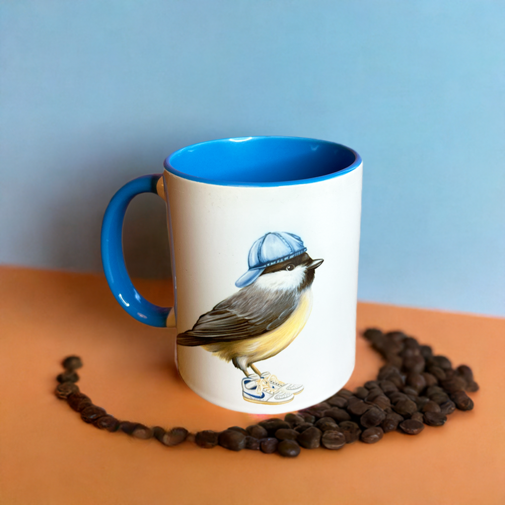 Chickadee wearing shoes Mug