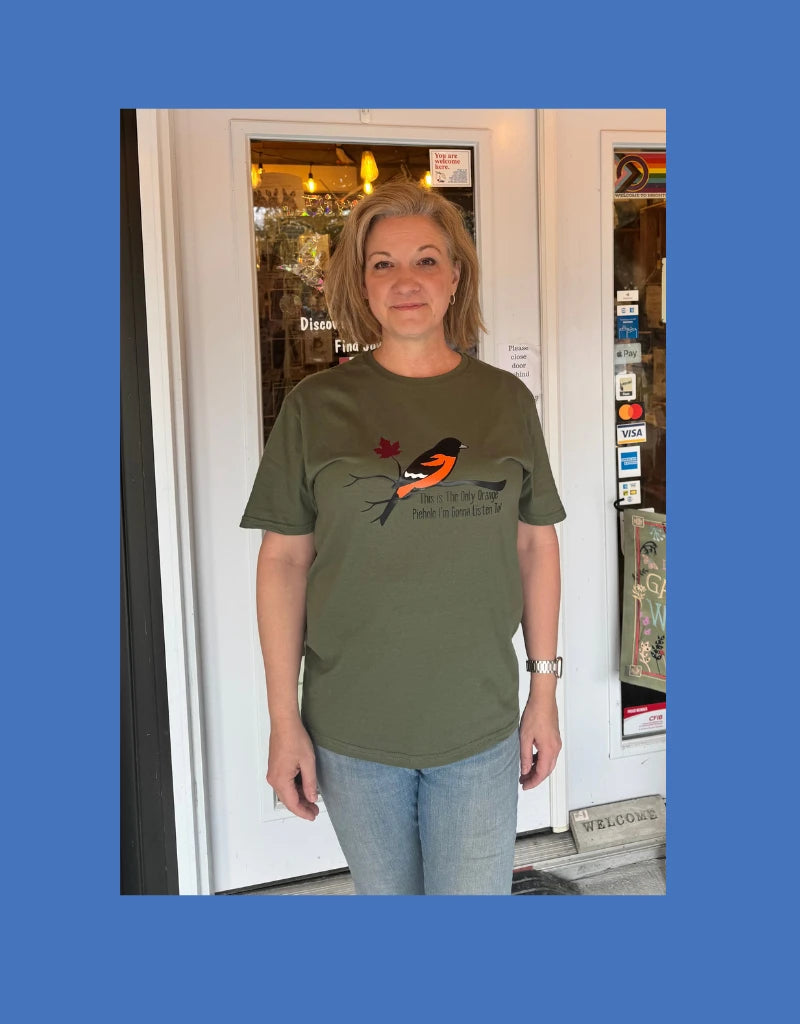 Green Gildan T-shirt w/ Orange Piehole Vinyl Design S-XL