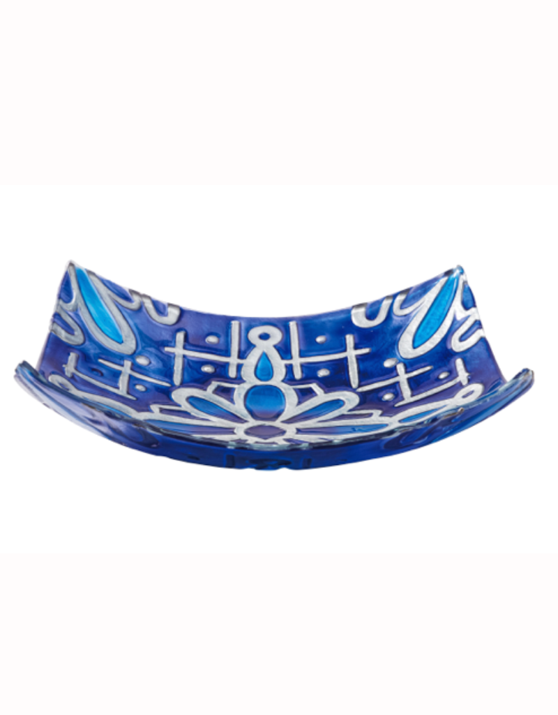 16.5" Hand Painted and Embossed Square Glass Birdbath, Blue Floral Tiles