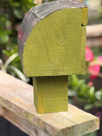 Jean Long Birdhouse Green with curved roof, 1 1/8" hole, tap handle decor (2144-1231)