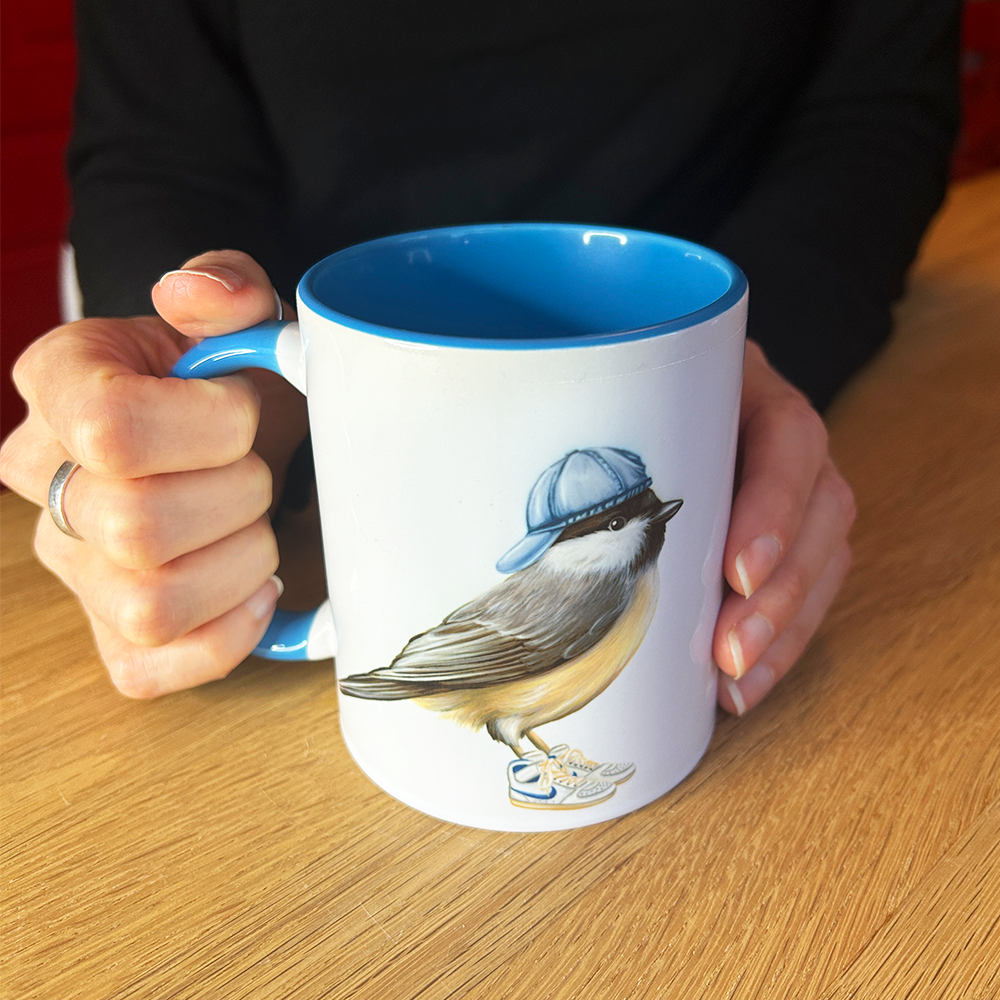 Chickadee wearing shoes Mug