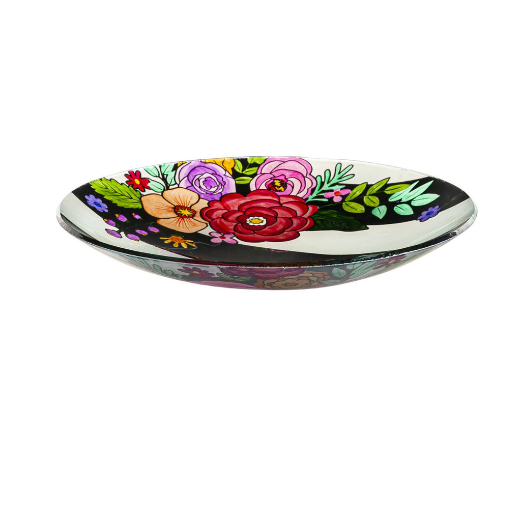 16" Glass Bird Bath with Stand, Striped Florals **