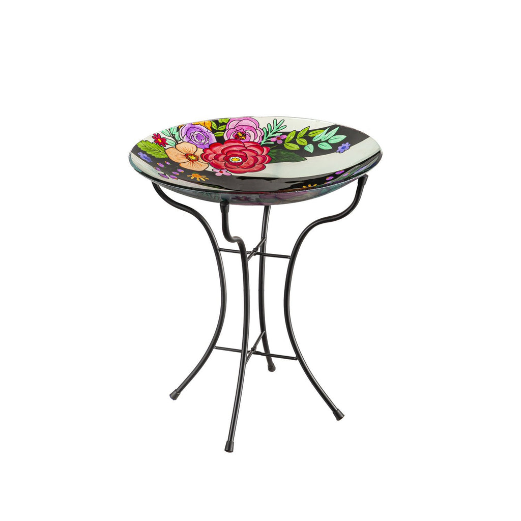 16" Glass Bird Bath with Stand, Striped Florals **