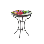 16" Glass Bird Bath with Stand, Striped Florals **