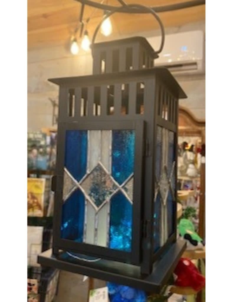 Stained glass Lantern by Andrew Reid, Blue/White w/ Silver Solder