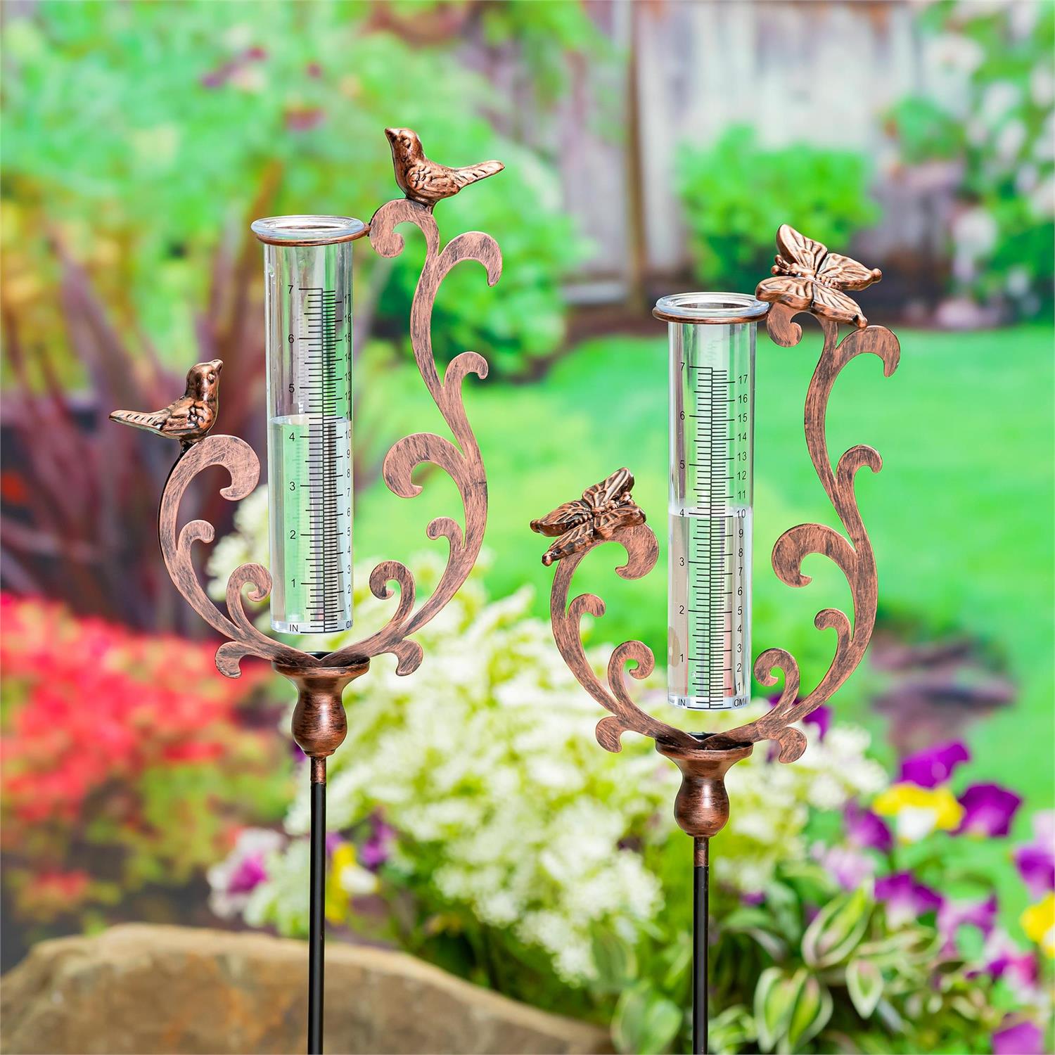 Bronze Pollinator Rain Gauge Garden Stake