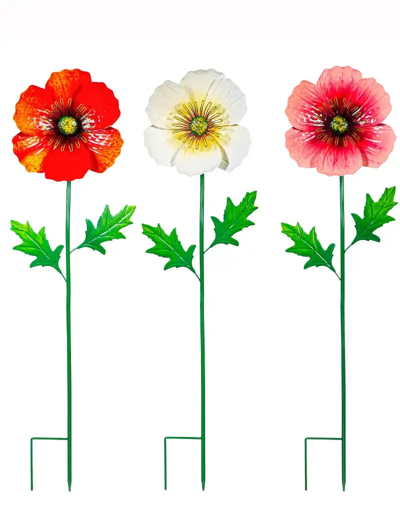 Poppy Flowers Metal Garden Stake, 43"