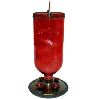 Elegant Antique Glass Bottle Red Hummer feeder