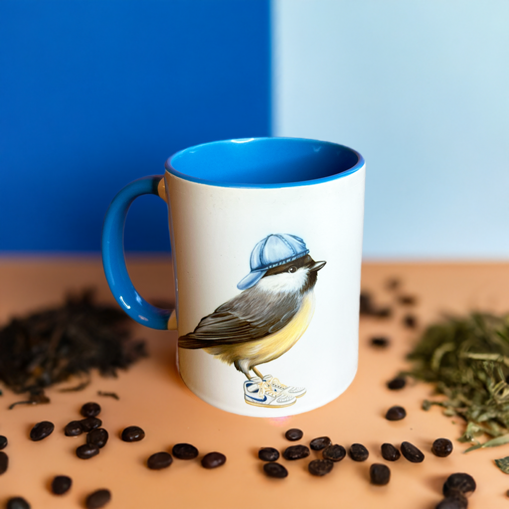 Chickadee wearing shoes Mug