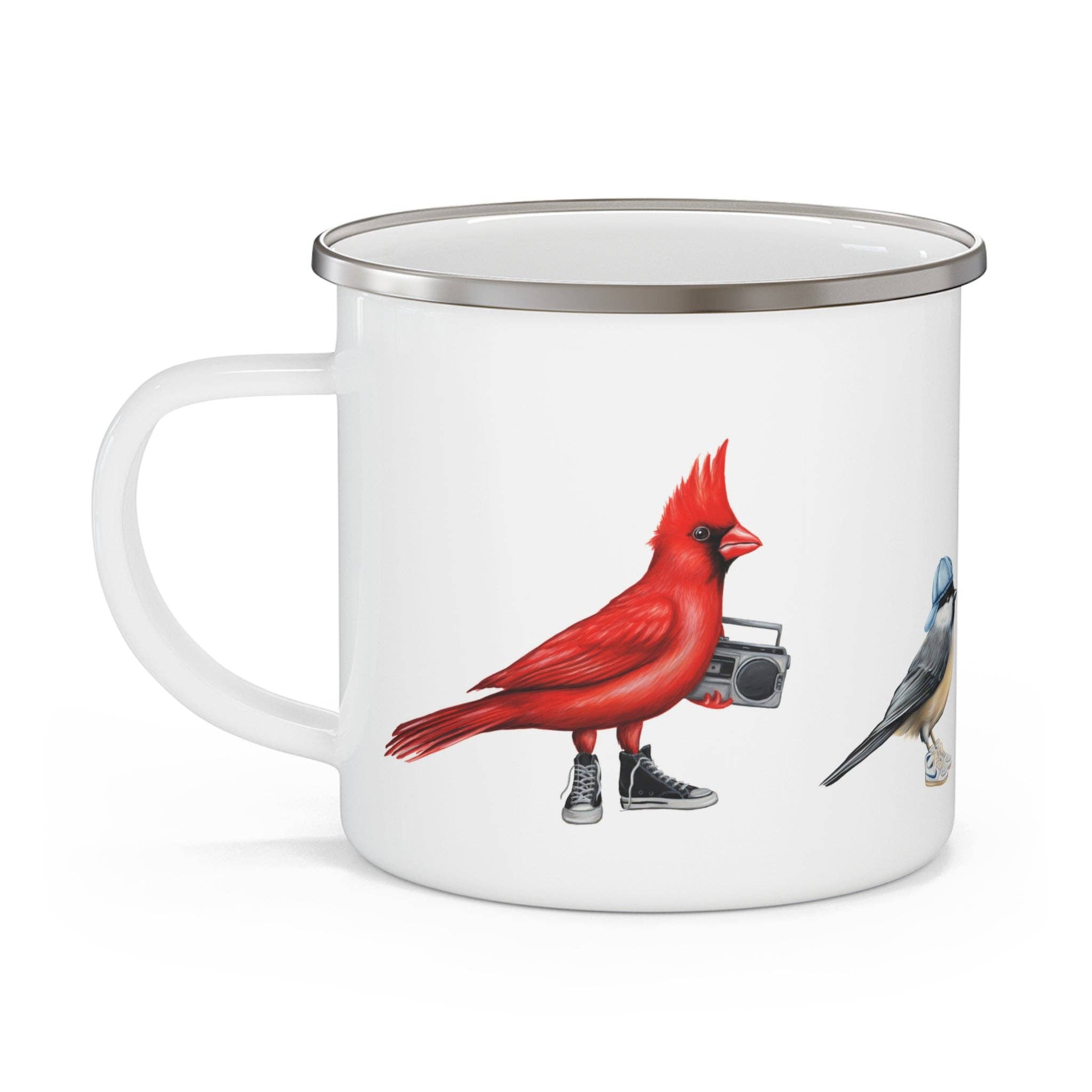 Fashionable birds enamel mug with stainless rim