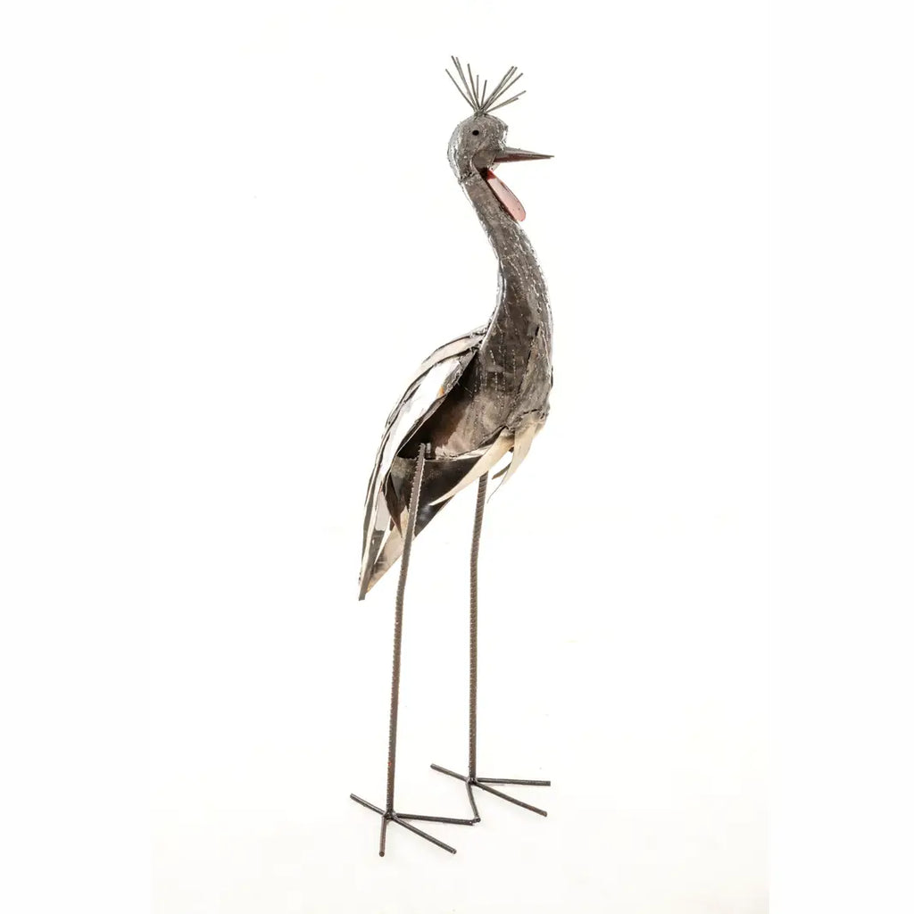 Tall Recycled Metal White Crowned Crane Garden Sculpture