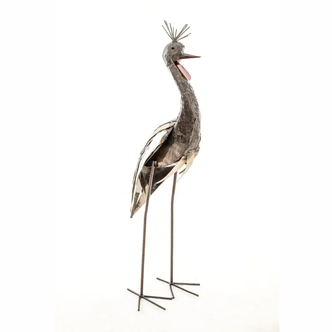 Tall Recycled Metal White Crowned Crane Garden Sculpture