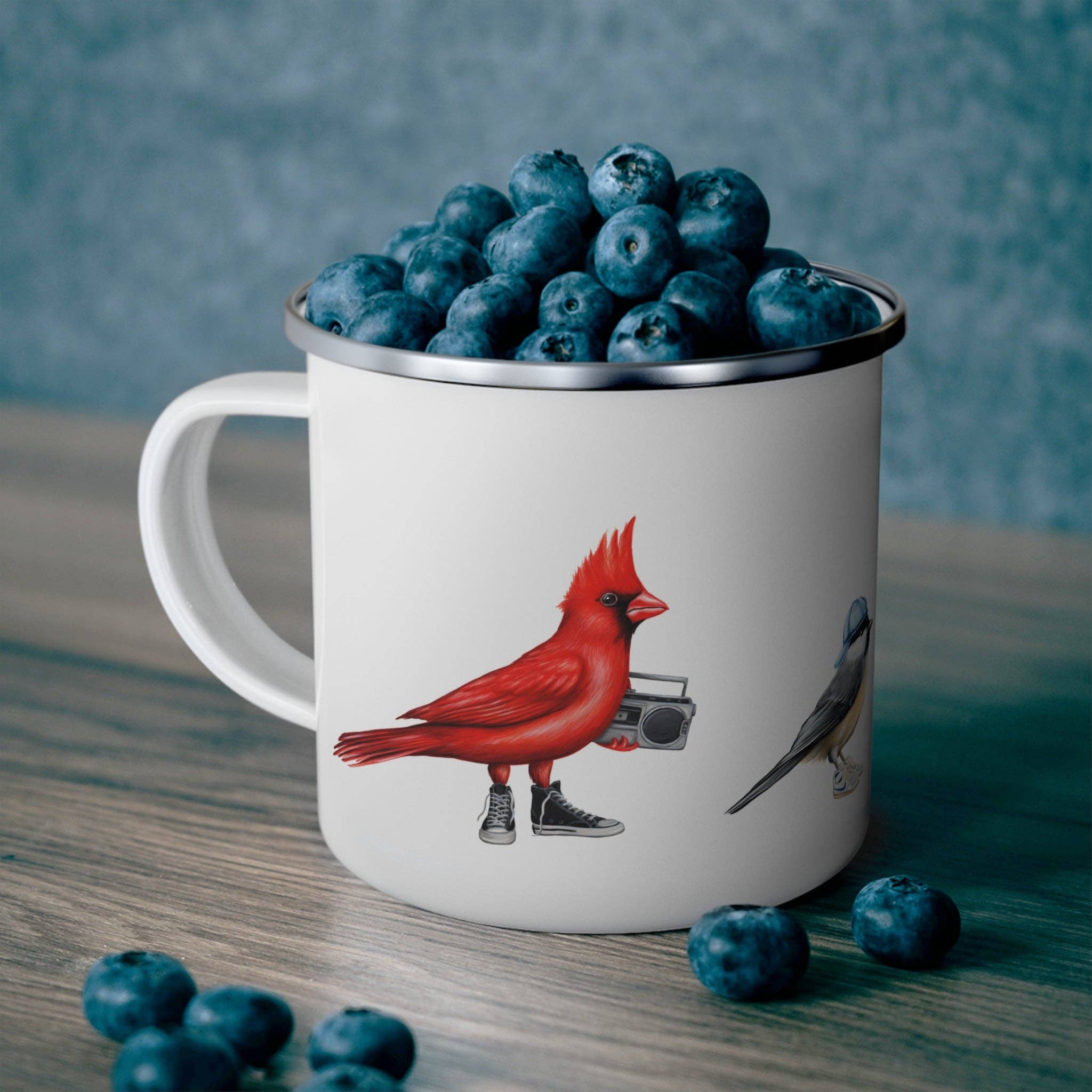 Fashionable birds enamel mug with stainless rim