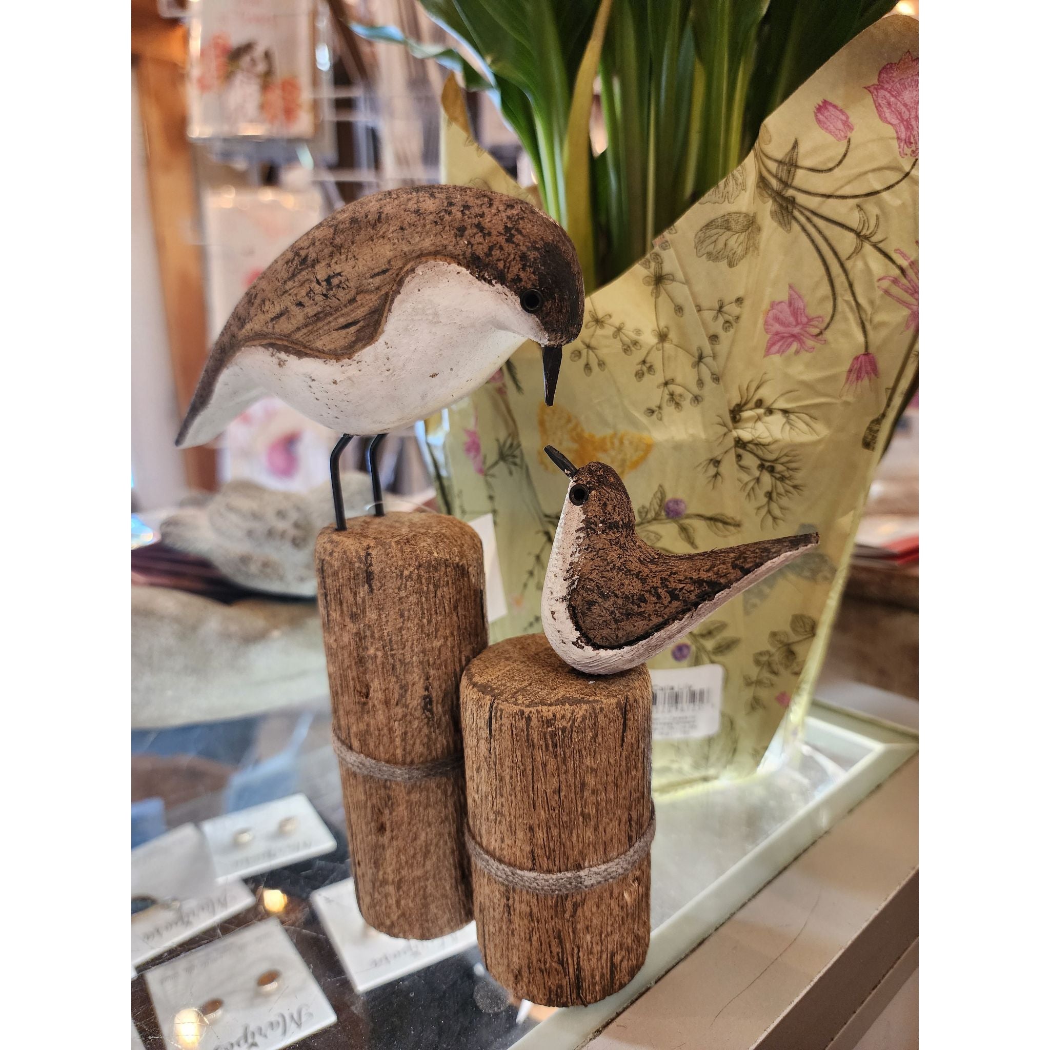 Mother & Chick Birds on Posts-7"H