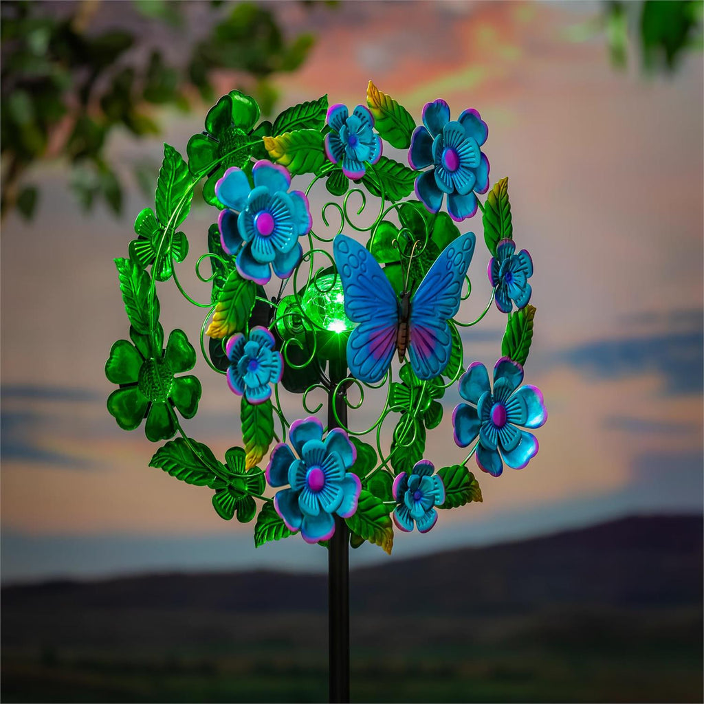 Solar Metal Wind Spinner, Blueflower & Butterfly,