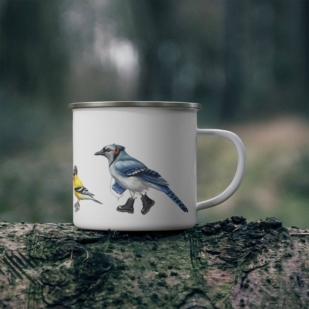 Fashionable birds enamel mug with stainless rim