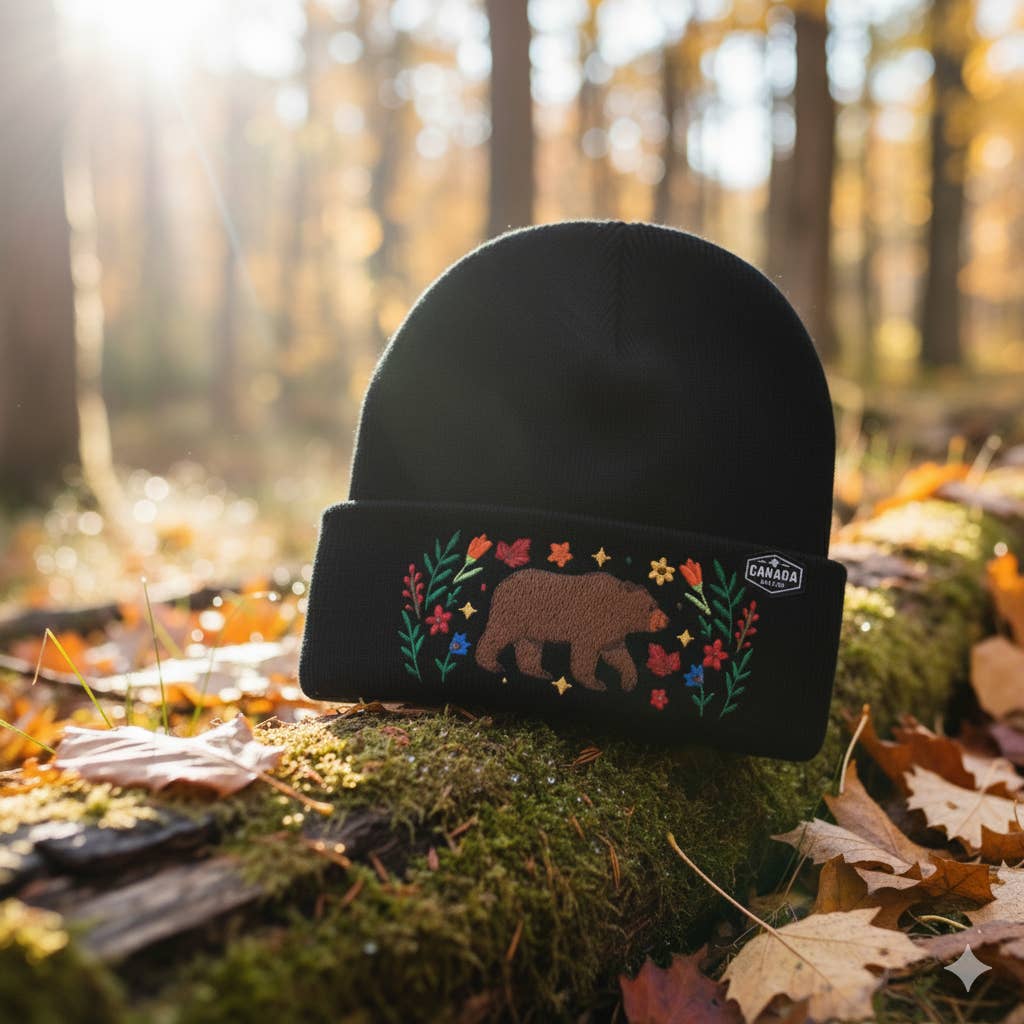 Canada Embroidered Knit Toque Winter Hat Floral Woodland Nature Style