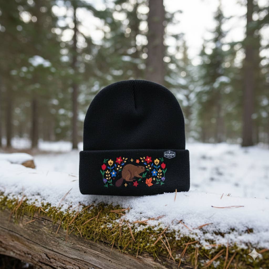 Canada Embroidered Knit Toque Winter Hat Floral Woodland Nature Style
