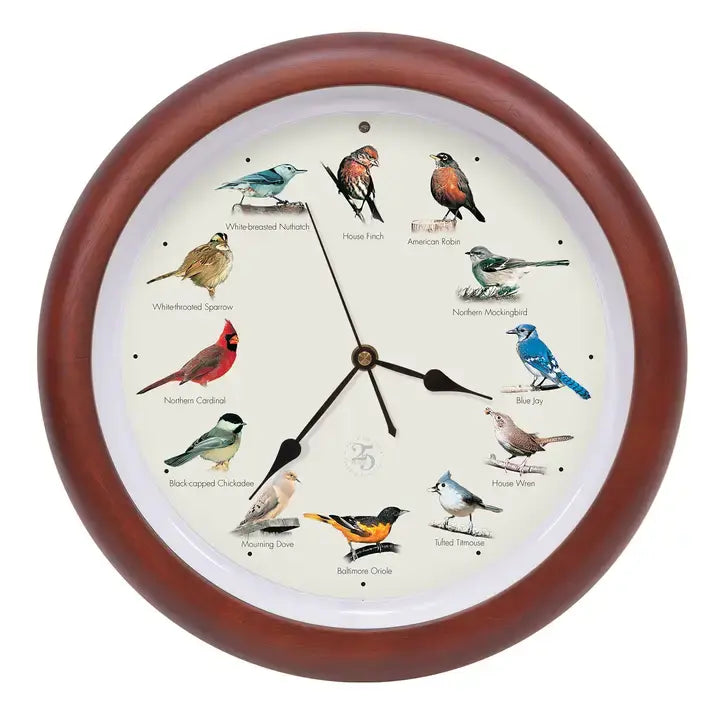 25th Anniversary Audobon Society Original Singing Bird Clock, 13", Cherry