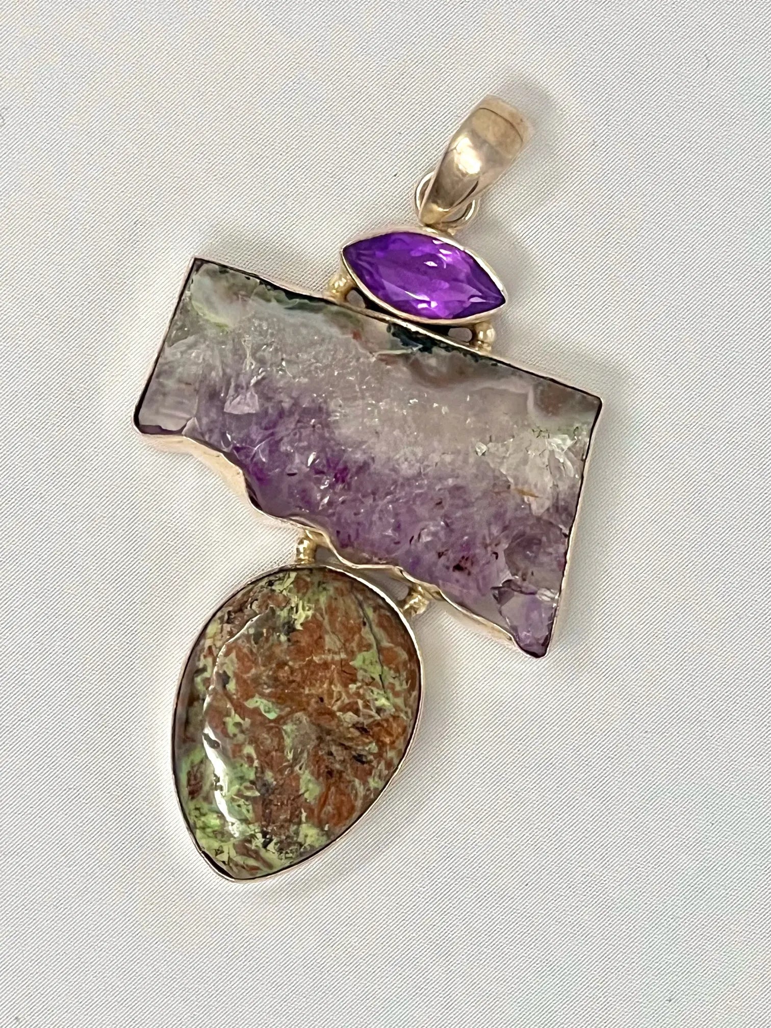 Quartz, Amethyst Pendant with Jasper Sterling Silver Pendant