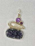Quartz and Amethyst Cluster Pendant Sterling Silver Nickel Free