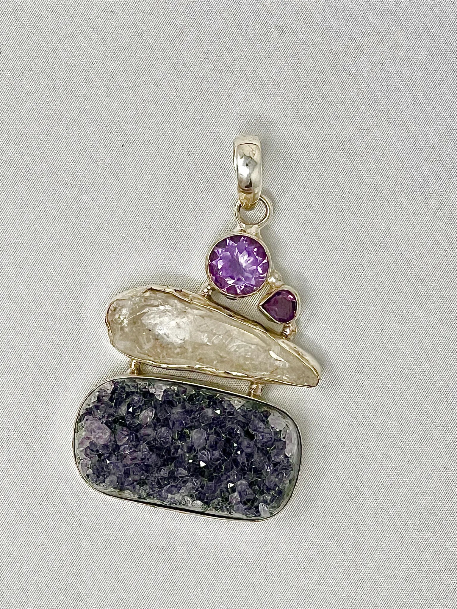 Quartz and Amethyst Cluster Pendant Sterling Silver Nickel Free