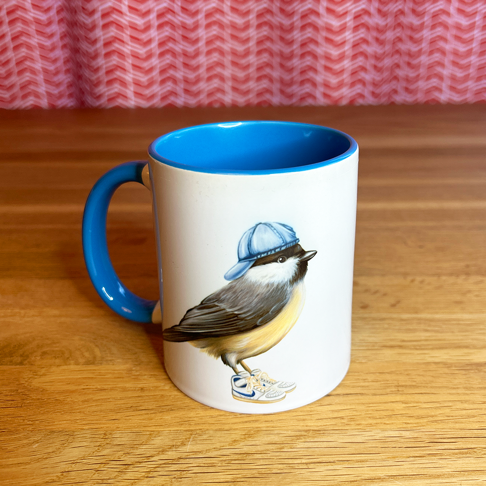 Chickadee wearing shoes Mug