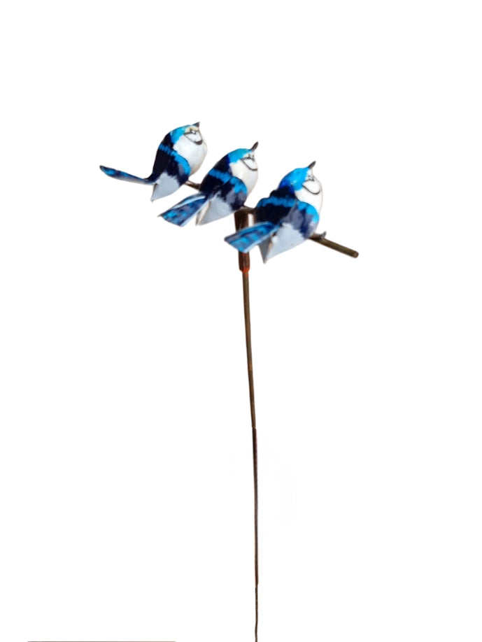 Recycled Metal Blue Jay Family Trio Garden Stake