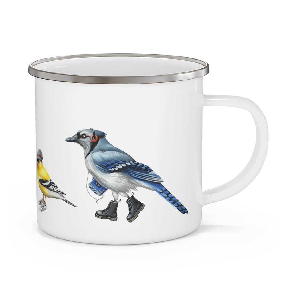 Fashionable birds enamel mug with stainless rim