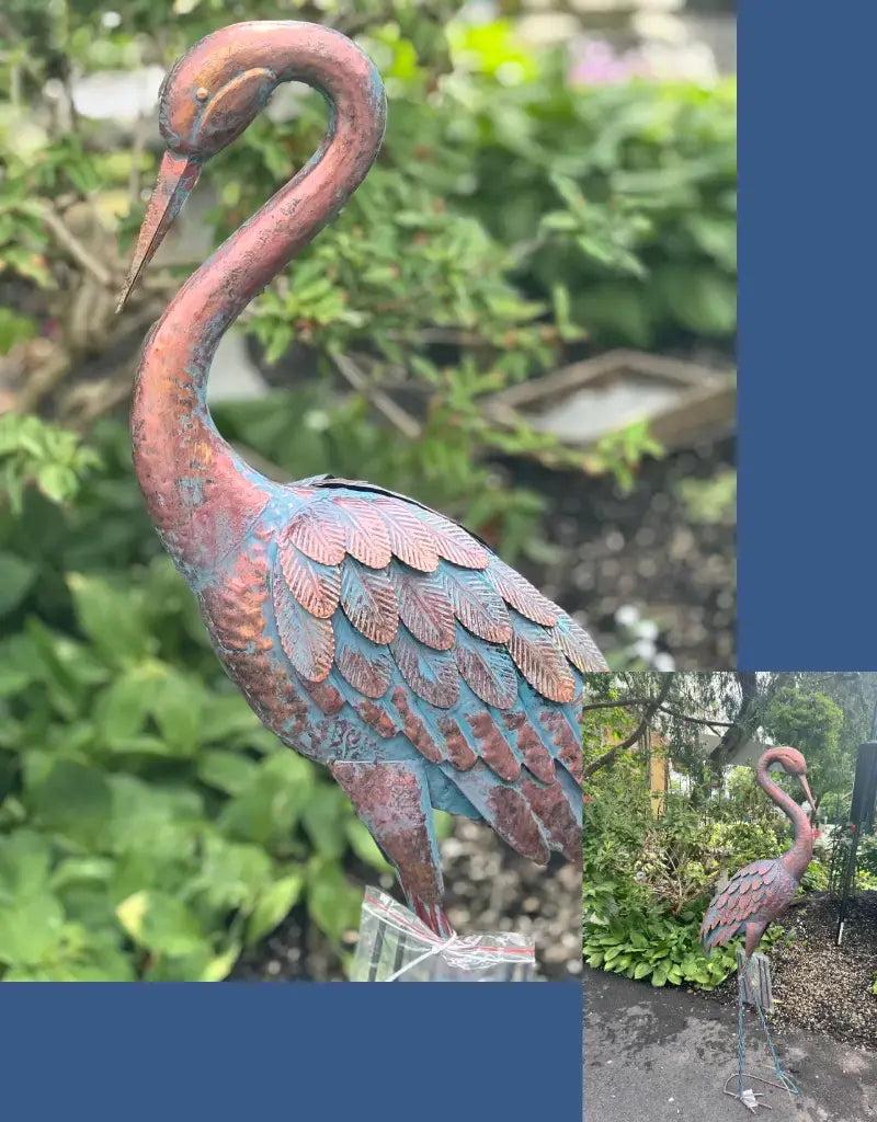 Aged Metal Crane Head Down 48" tall