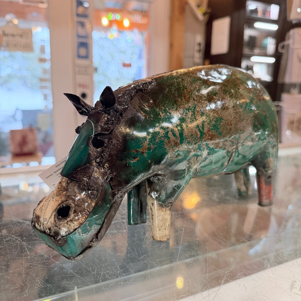 Handcrafted Medium Metal “Canadian House Hippo” Sculpture
