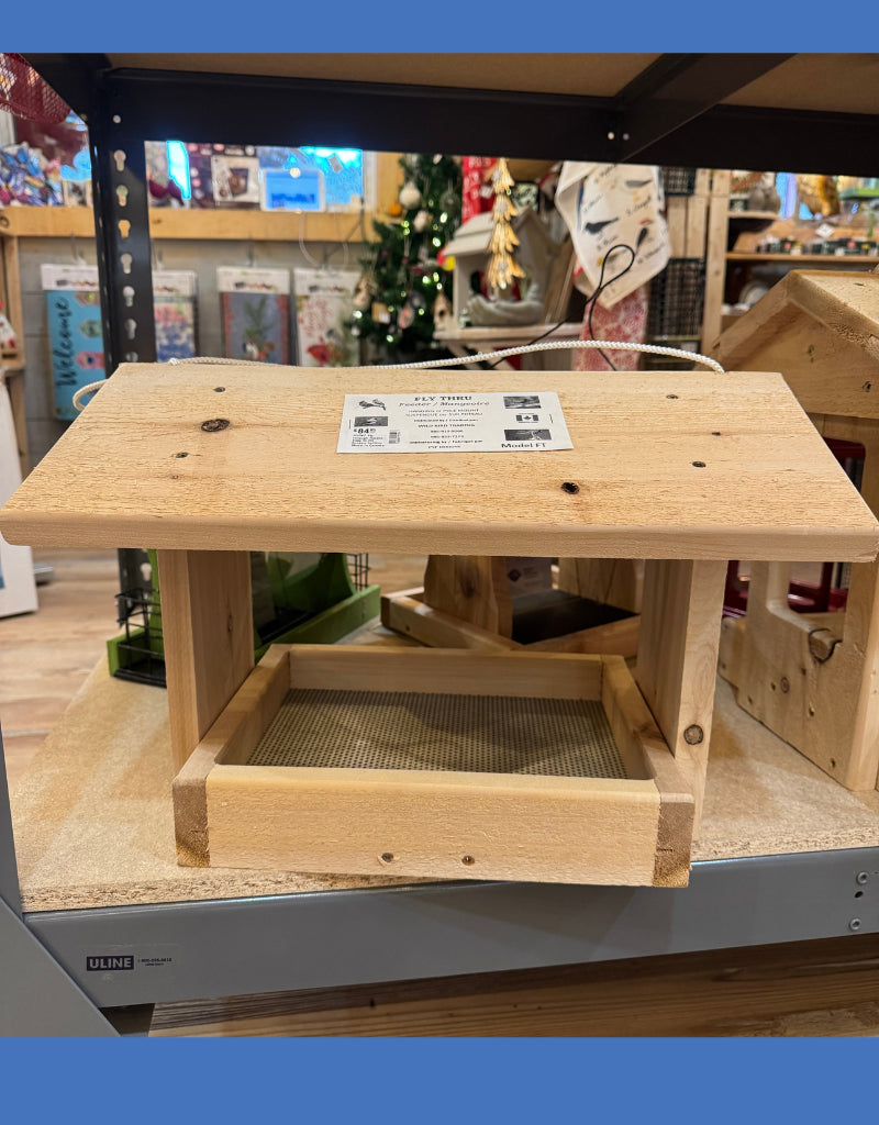 Fly through feeder. Easy to fill. Screen bottom. Made in Canada.