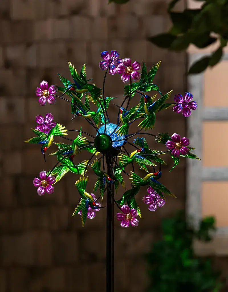 Solar Metal Wind Spinner, Green Hummingbird & Flo